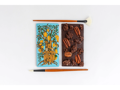 Chocolate Art - Dark chocolate bar art with pecan brownie pieces - M. Cacao