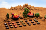 Chocolate pieces and peppers in a desert