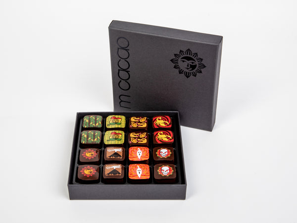 16 hot peppers flavored chocolate pieces in a box