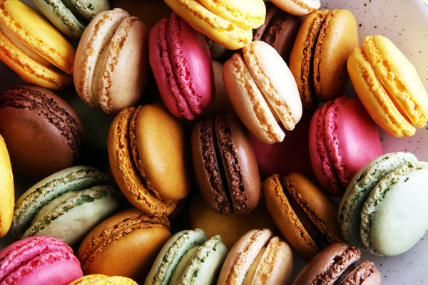 Multitude of flavored macarons